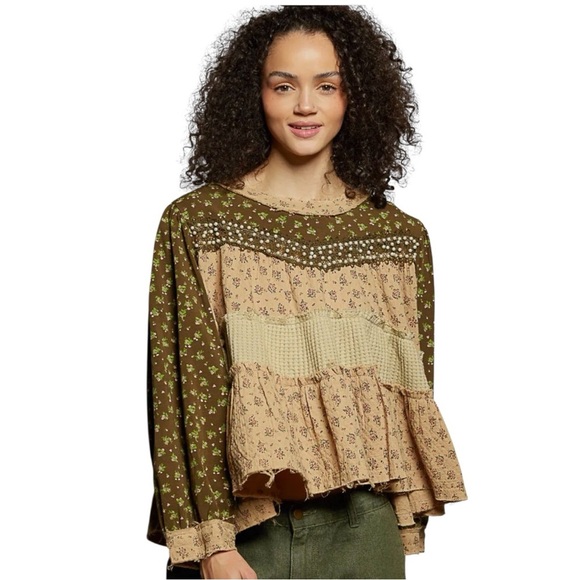 POL Tops - POL L Floral Patchwork Blouse - Brown and Tan Pearl Accents